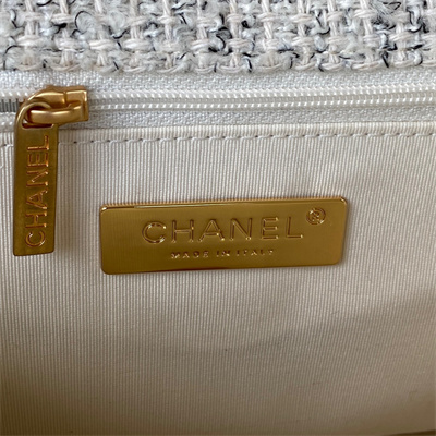 Chanel 19 Handbag Wool Tweed Gold Double C Metal Lt Grey AS1160