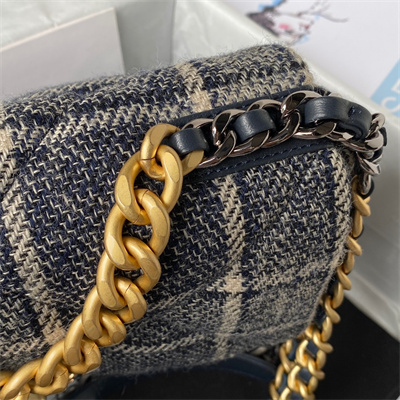 Chanel 19 Handbag Wool Tweed Gold Double C Metal Navy/Beige AS1160