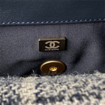 Chanel 19 Handbag Wool Tweed Gold Double C Metal Navy/Beige AS1160