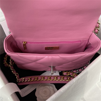 Cha.nel 19 Handbag Lambskin Silver Double C Metal Fuchsia Pink AS1160