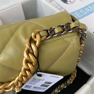 Cha.nel 19 Handbag Lambskin Gold Double C Metal Mustard Green AS1160