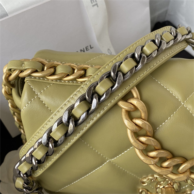 Cha.nel 19 Handbag Lambskin Gold Double C Metal Mustard Green AS1160