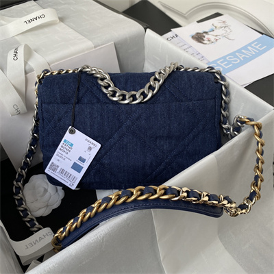 Chanel 19 Handbag Dk Denim Silver Double C Metal AS1160