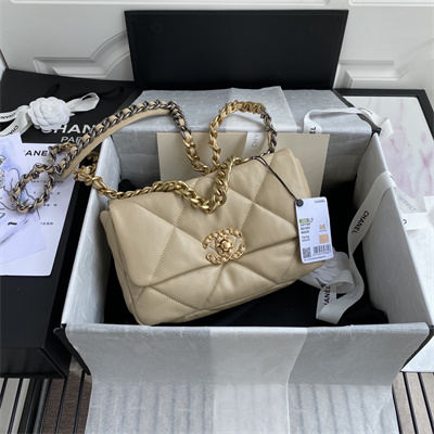 Chanel 19 Handbag Lambskin Gold Double C Metal Beige AS1160