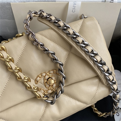 Chanel 19 Handbag Lambskin Gold Double C Metal Beige AS1160