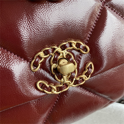 Chanel 19 Handbag Shiny Aged Calfskin Gold Double C Metal Burgundy AS1160