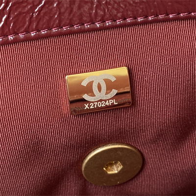 Chanel 19 Handbag Shiny Aged Calfskin Gold Double C Metal Burgundy AS1160