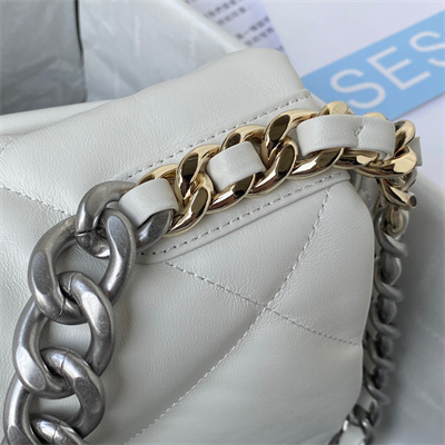 Cha.nel 19 Large Handbag Lambskin Silver Double C Metal White AS1161