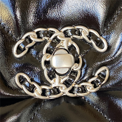 Cha.nel 19 Large Handbag Shiny Aged Calfskin Silver Double C Metal Black AS1161