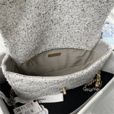 Cha.nel 19 Large Handbag Wool Tweed Gold Double C Metal  Lt Grey AS1161