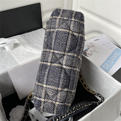 Cha.nel 19 Large Handbag Wool Tweed Gold Double C Metal Navy/Beige AS1161