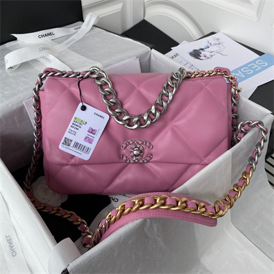 Cha.nel 19 Large Handbag Lambskin Silver Double C Metal Fuchsia Pink AS1161