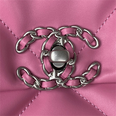Cha.nel 19 Large Handbag Lambskin Silver Double C Metal Fuchsia Pink AS1161