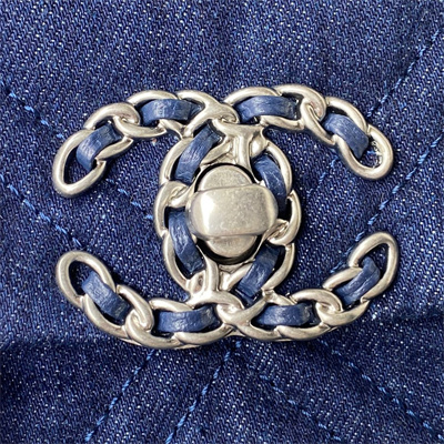 Cha.nel 19 Large Handbag Dk Denim Silver Double C Metal AS1161