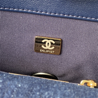 Cha.nel 19 Large Handbag Dk Denim Silver Double C Metal AS1161