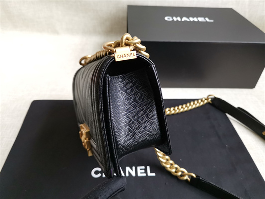 Cha.nel Small Leboy Bag Chevron Pattern Grained Calfskin Aged Gold Metal Black A67085