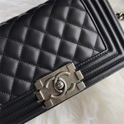 Cha.nel Small Leboy Bag Lambskin Aged Silver Metal Black A67085