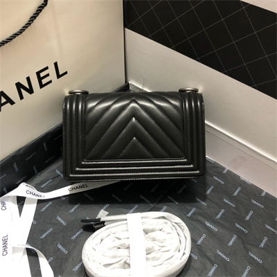 Cha.nel Small Leboy Bag Chevron Pattern Lambskin Aged Silver Metal Black A67085