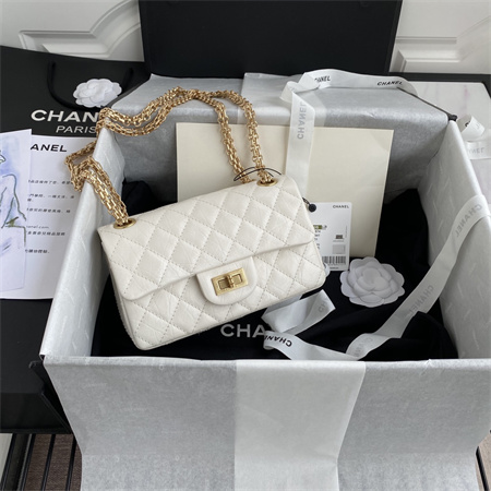 Cha.nel 2.55 Mini Handbag Aged Calfskin Gold Tone Metal White AS0874