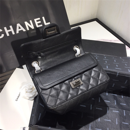 Cha.nel 2.55 Mini Handbag Aged Calfskin Silver Tone Metal Black AS0874