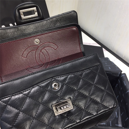 Cha.nel 2.55 Mini Handbag Aged Calfskin Silver Tone Metal Black AS0874