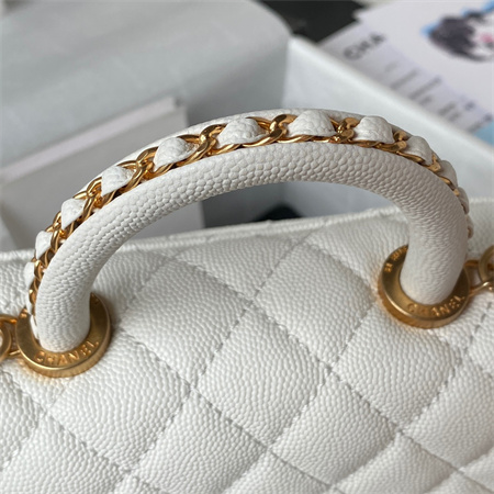 Cha.nel Mini Coco Handle Bag Grained Calfskin Aged Gold Metal White AS2215