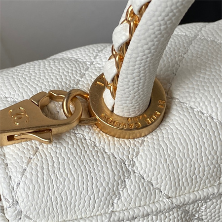 Cha.nel Mini Coco Handle Bag Grained Calfskin Aged Gold Metal White AS2215