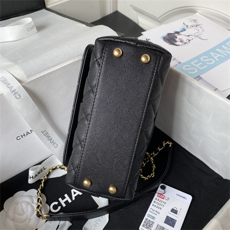 Cha.nel Mini Coco Handle Bag Grained Calfskin Aged Gold Metal Black AS2215