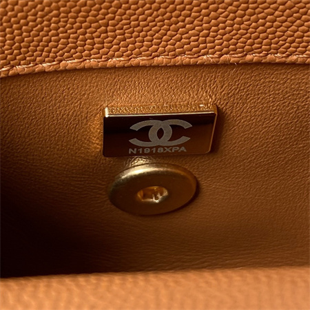 Cha.nel Mini Coco Handle Bag Grained Calfskin Aged Gold Metal Brown AS2215