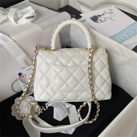 Cha.nel Mini Coco Handle Bag Grained Calfskin Lt Gold Metal White AS2215