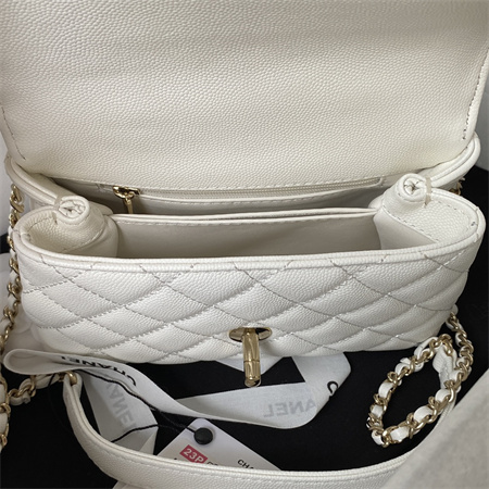 Cha.nel Mini Coco Handle Bag Grained Calfskin Lt Gold Metal White AS2215