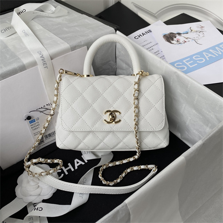 Cha.nel Mini Coco Handle Bag Grained Calfskin Lt Gold Metal White AS2215