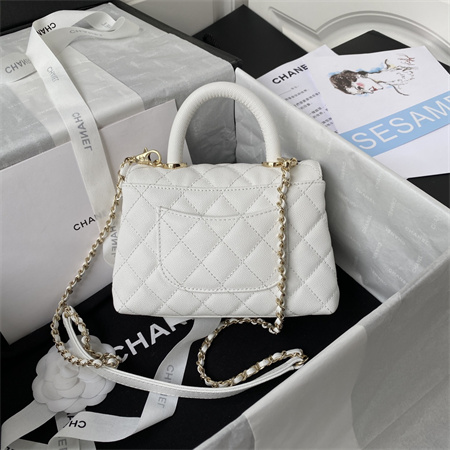 Cha.nel Mini Coco Handle Bag Grained Calfskin Lt Gold Metal White AS2215
