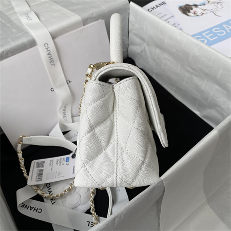 Cha.nel Mini Coco Handle Bag Grained Calfskin Lt Gold Metal White AS2215