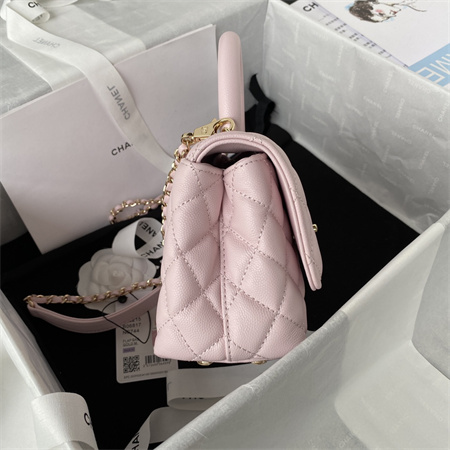 Cha.nel Mini Coco Handle Bag Grained Calfskin Lt Gold Metal Pink AS2215