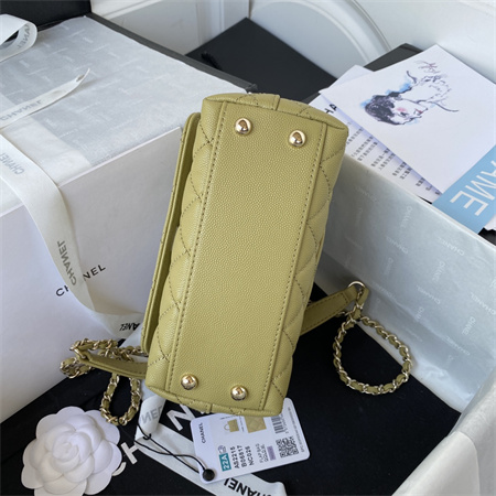 Cha.nel Mini Coco Handle Bag Grained Calfskin Lt Gold Metal Mustard Green AS2215