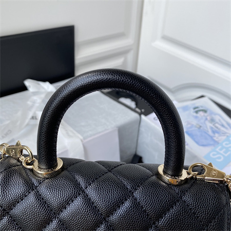 Cha.nel Mini Coco Handle Bag Grained Calfskin Lt Gold Metal Black AS2215