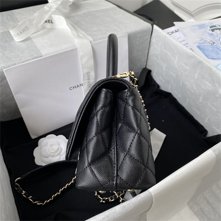Cha.nel Mini Coco Handle Bag Grained Calfskin Lt Gold Metal Black AS2215