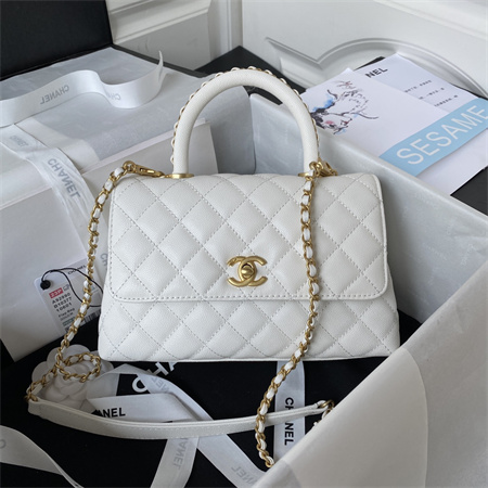 Cha.nel Small Coco Handle Bag Grained Calfskin Aged Gold Metal White A92990