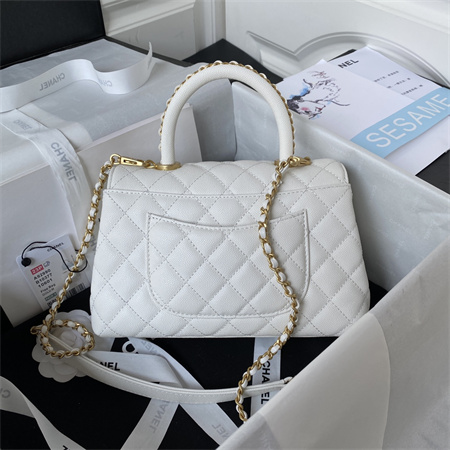 Cha.nel Small Coco Handle Bag Grained Calfskin Aged Gold Metal White A92990