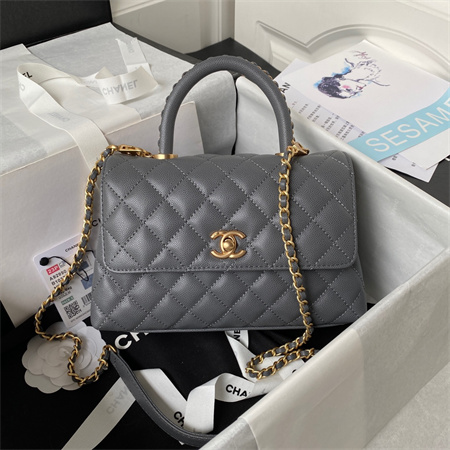 Cha.nel Small Coco Handle Bag Grained Calfskin Aged Gold Metal Grey A92990