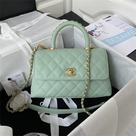Cha.nel Small Coco Handle Bag Grained Calfskin Aged Gold Metal Green A92990