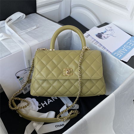 Cha.nel Small Coco Handle Bag Grained Calfskin Lt Gold Metal Mustard Green A92990