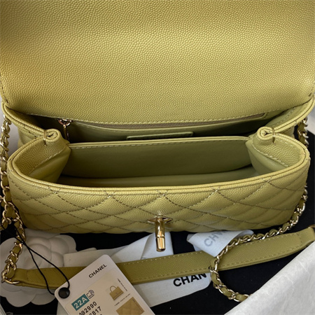 Cha.nel Small Coco Handle Bag Grained Calfskin Lt Gold Metal Mustard Green A92990