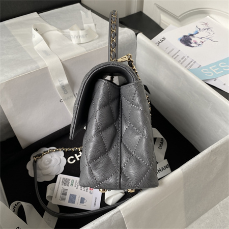 Cha.nel Small Coco Handle Bag Grained Calfskin Lt Gold Metal Grey A92990