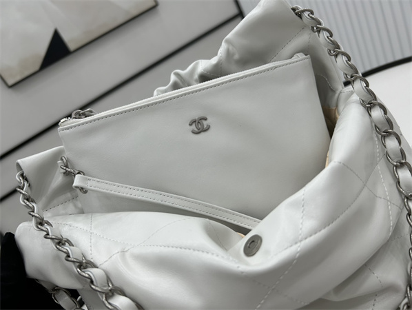 Cha.nel 22 Small Handbag Shiny Calfskin Silver Tone Metal White AS3260