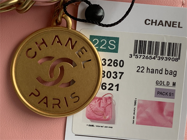 Cha.nel 22 Small Handbag Shiny Calfskin Gold Tone Metal Pink AS3260
