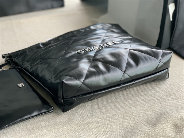 Cha.nel 22 Small Handbag Shiny Calfskin Silver Tone Metal Black AS3260