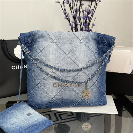 Cha.nel 22 Small Handbag Washed Denim Silver Tone Metal AS3260
