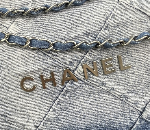 Cha.nel 22 Small Handbag Washed Denim Silver Tone Metal AS3260
